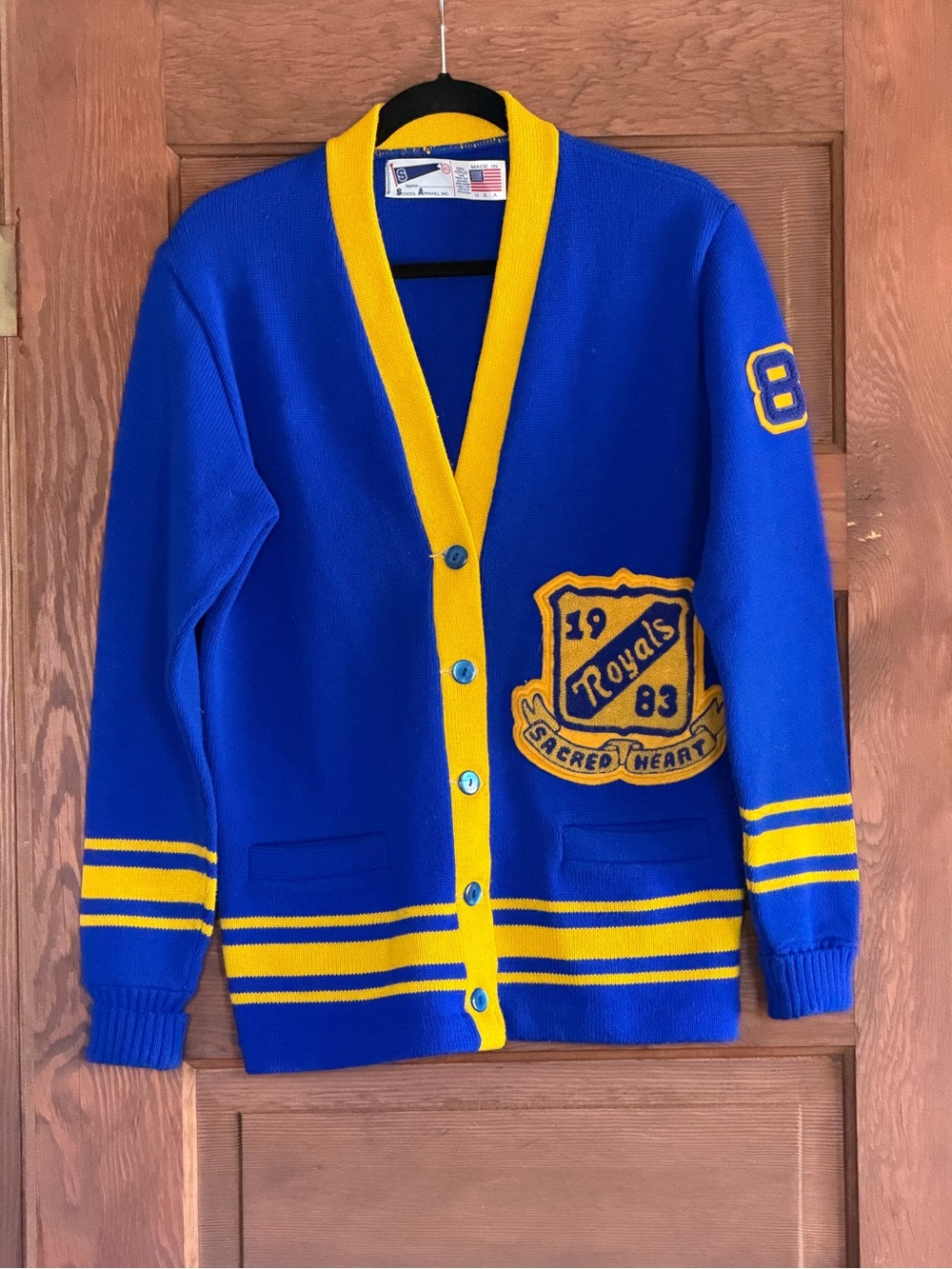 Vintage Letterman Cardigan Sacred Hearts Royals Blue & Yellow Sweater Size 40
